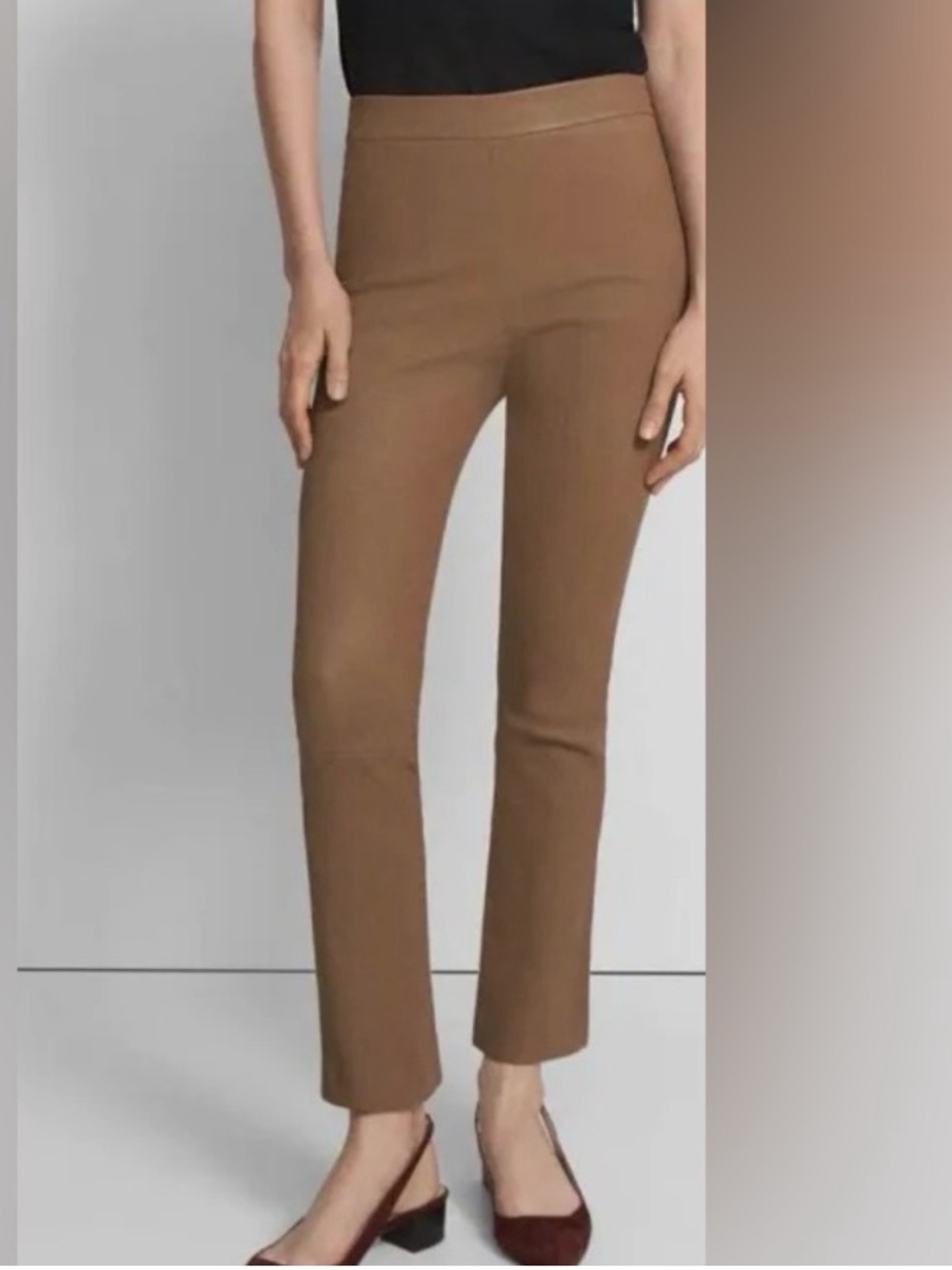 Theory Lamb Leather Stretch Ankle Pant - Caramel Brown